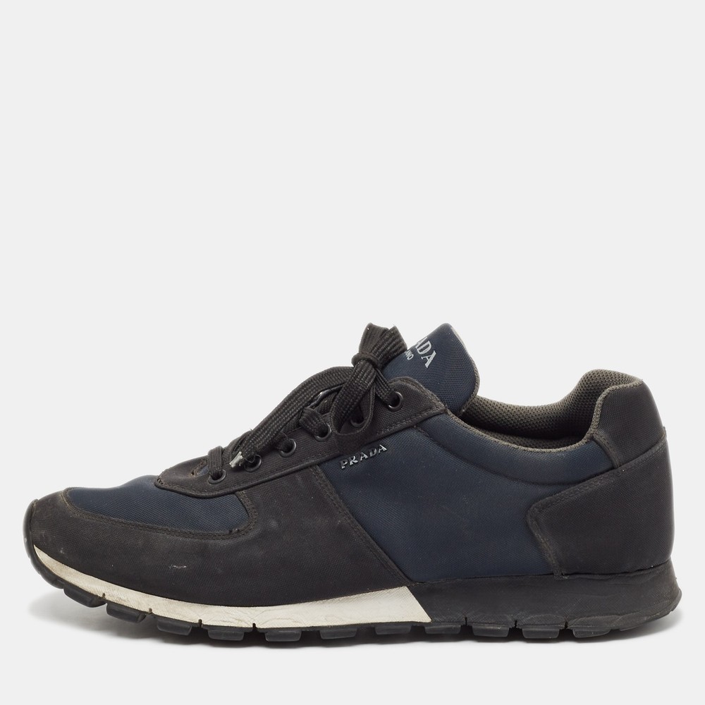 Prada Sport Black and Blue Canvas Low-Top Sneakers Size 46