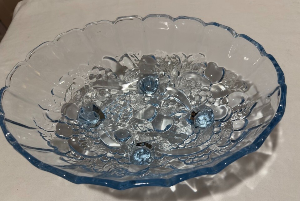 Vintage Ice Blue Fruit Pattern Footed Oval Serving Bowl