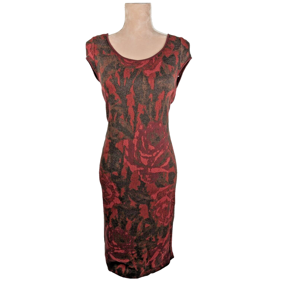 Peruvian Connection Dress Floral Rose Scoop Neck Pima Short Sleeve Red Black M