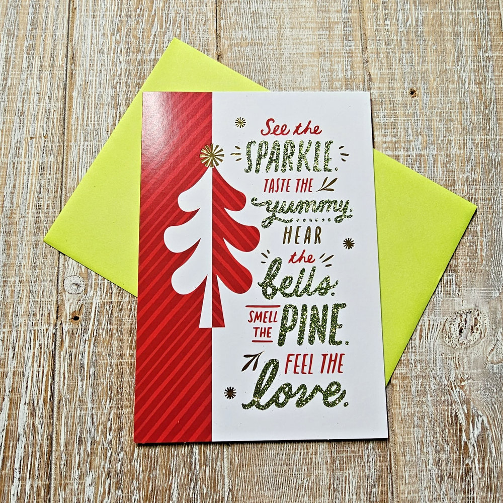 Christmas Greeting Card with Red White Glitter Tree and Poem - Hallmark Inspired