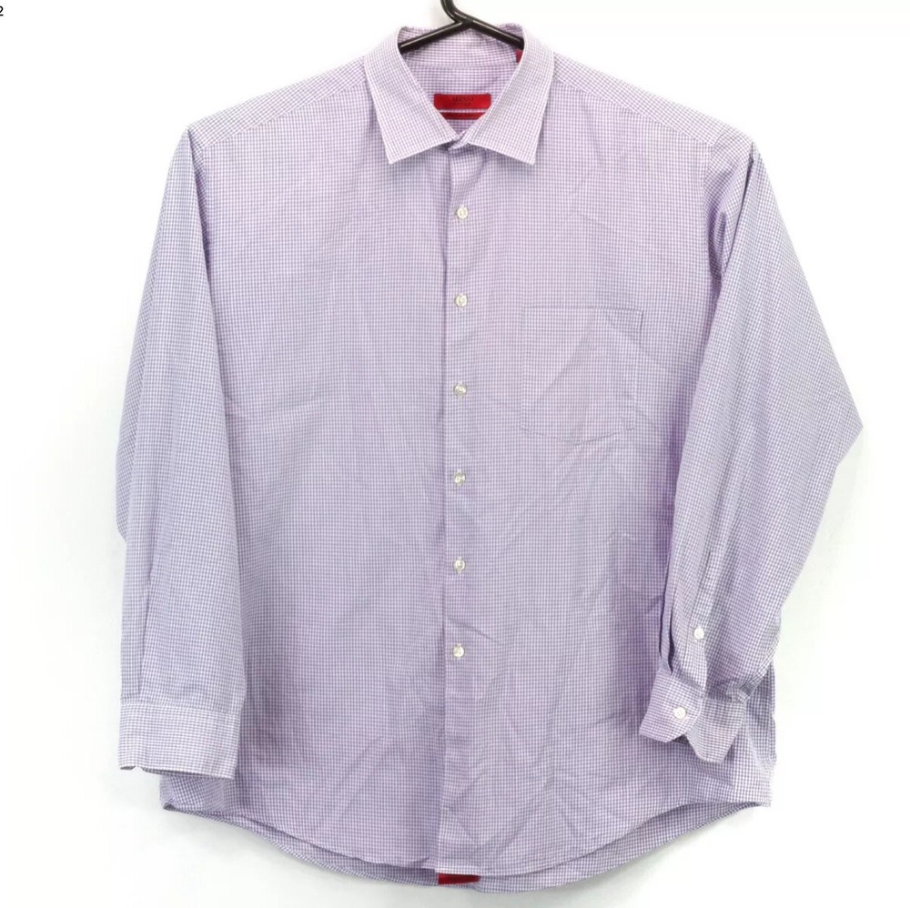Alfani Men’s Button Up LS Collared Fitted Shirt 2XL XXL Purple White Plaid euc