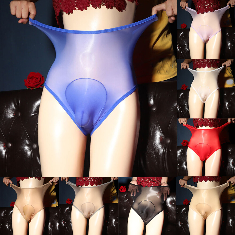 Mens High Waist Sheer Shiny Briefs Underwear Glossy Thong Pouch Panties Swimsuit