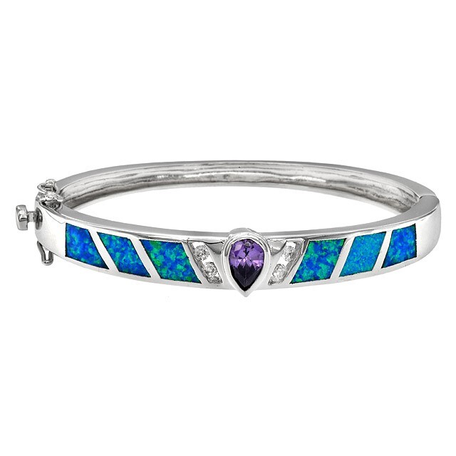 2CT Amethyst & Australian Opal Inlay 925 Sterling Silver Bangle Bracelet OX5