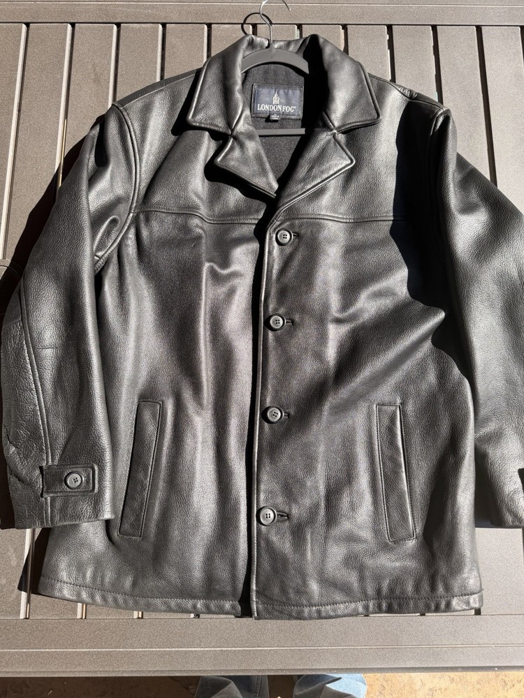 London Fog Men's Size M Long Sleeve Solid Black 100% Leather Button Jacket 11086