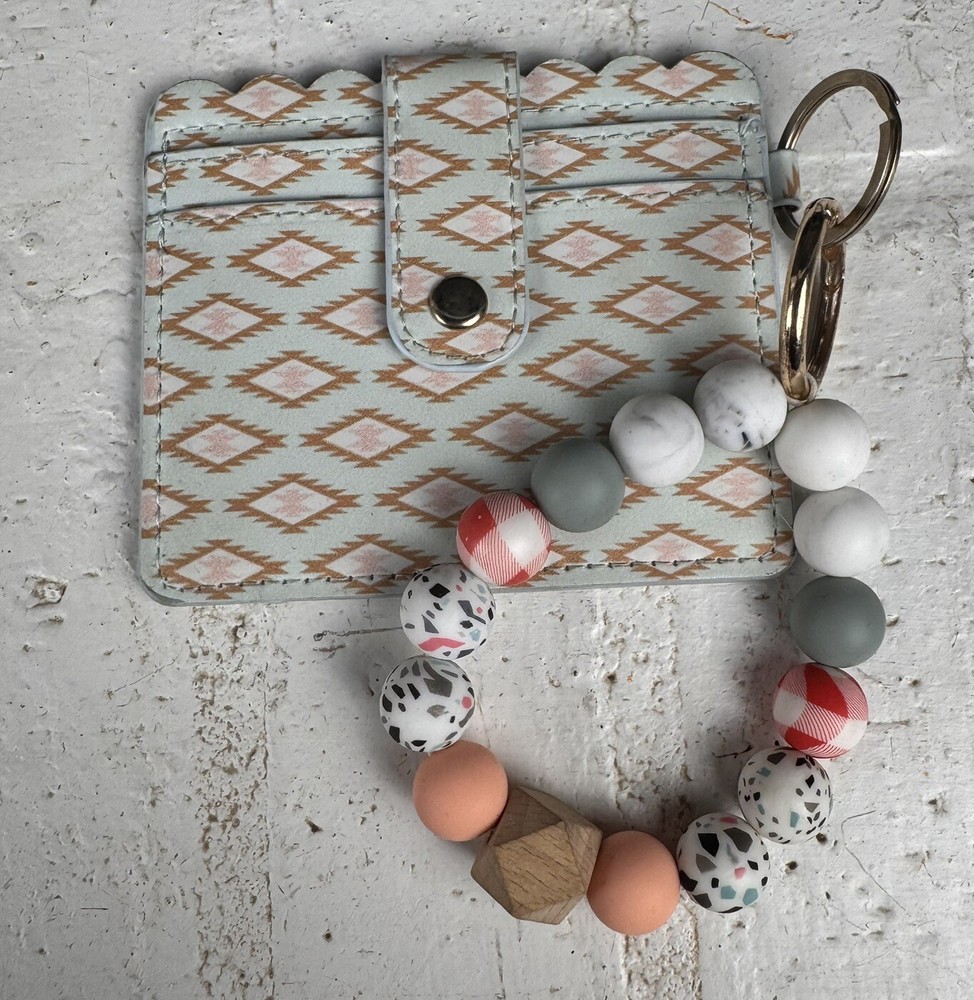 Acrylic Beaded Keychain Wallet with Snap Closure Pastel Pattern Card Holder  