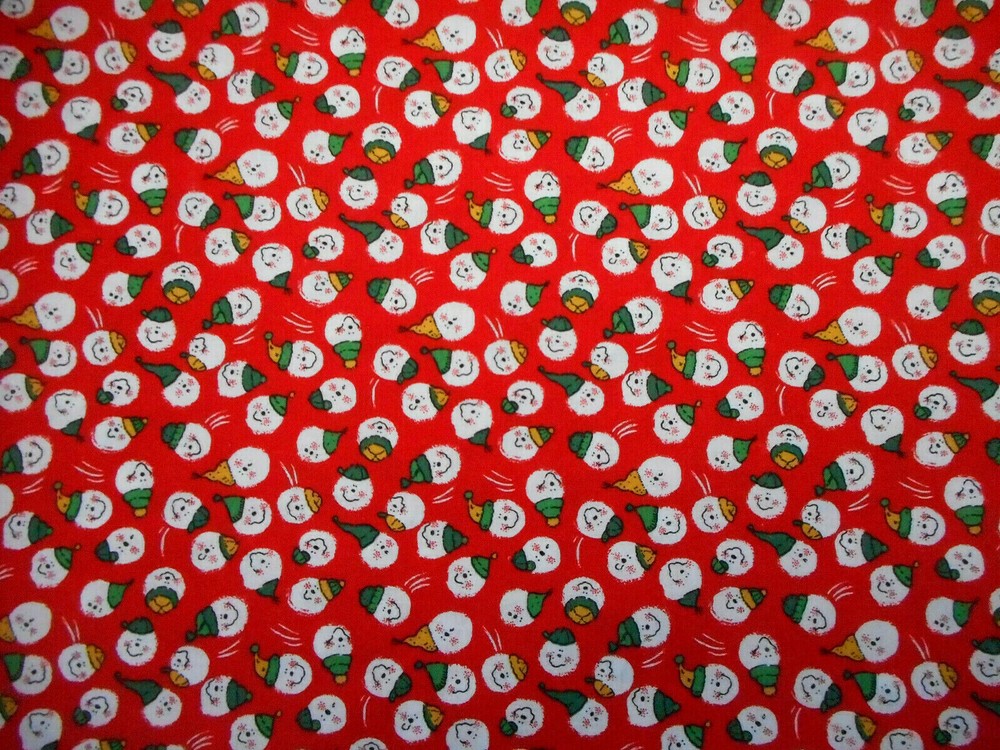 Christmas Fabric 1 Yard Happy Snowmen Faces on Red Cotton #1 Vtg