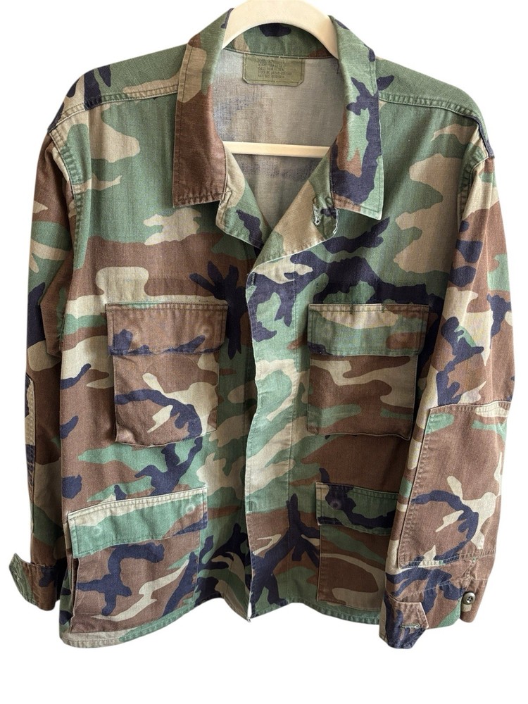 Vintage US Military Jacket Men Long Brown Camo Field Combat Button Down