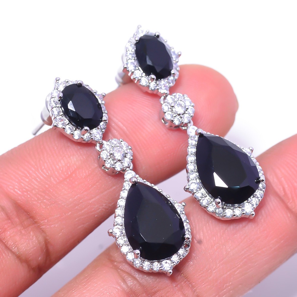 Black Onyx & Cubic Zirconia Gemstone 925 Sterling Silver Earring 1.37