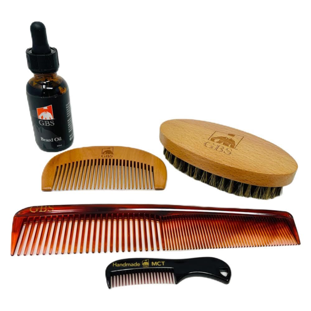 G.B.S Beard Brush & Beard Comb Set with Mustache Comb, Natural Boar Bristle Brus