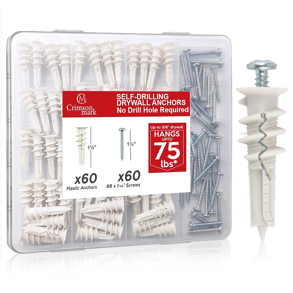 120Pcs #8 Self-Drilling Drywall Anchors & Screws Kit 1-1/4 Inch Heavy Duty Wall Fasteners