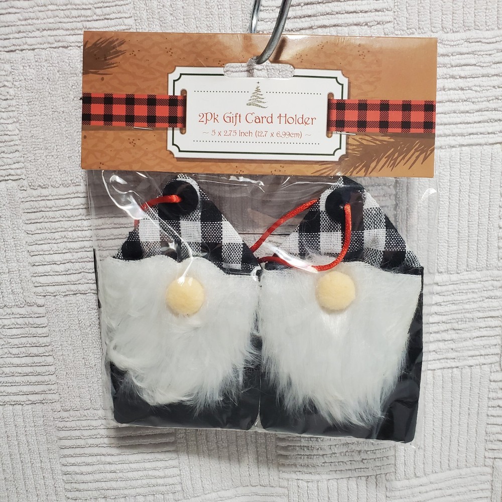 Gnome Gift Card Holder Christmas Ornament Black Plaid Felt Fabric Set of 2-image
