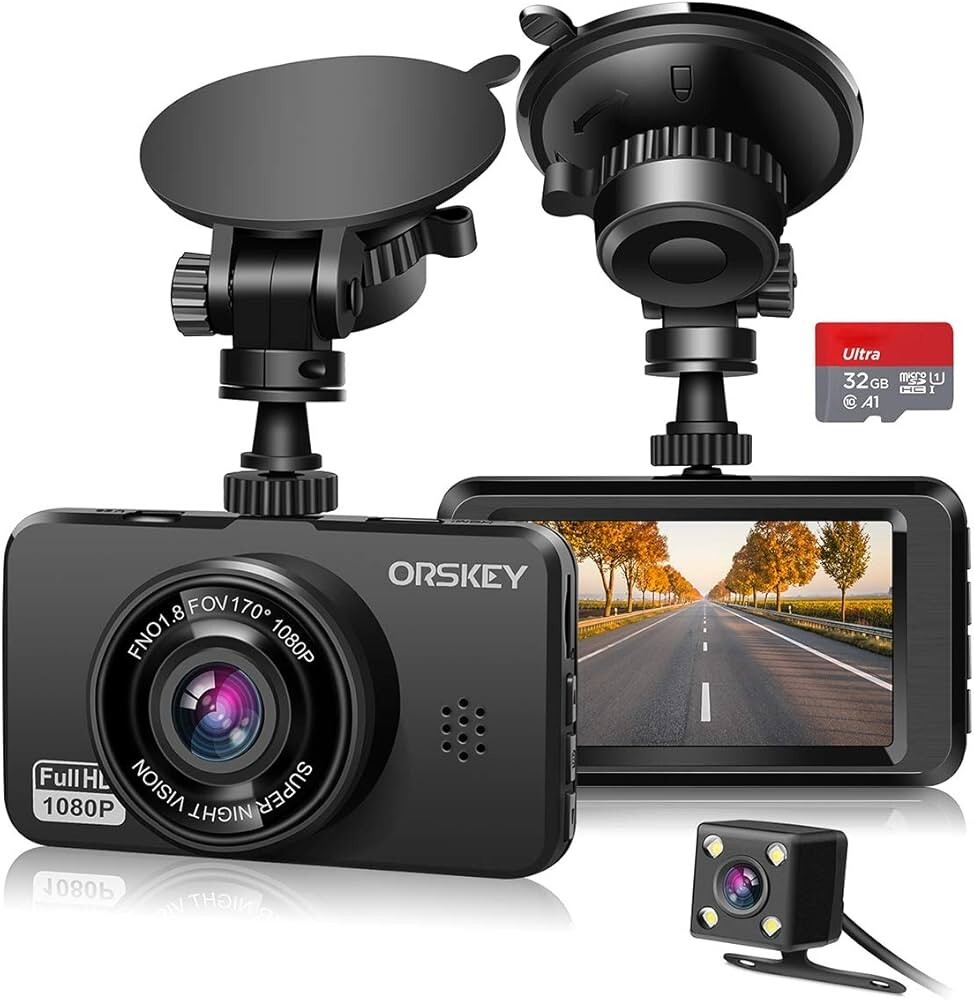 ORSKEY Dash Cam for Cars Front and Rear and SD Card Included 1080P
