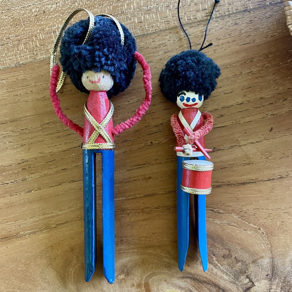 Vintage 2 Wooden Clothes Pin Nutcrackers Drummer Soldiers Christmas Ornaments
