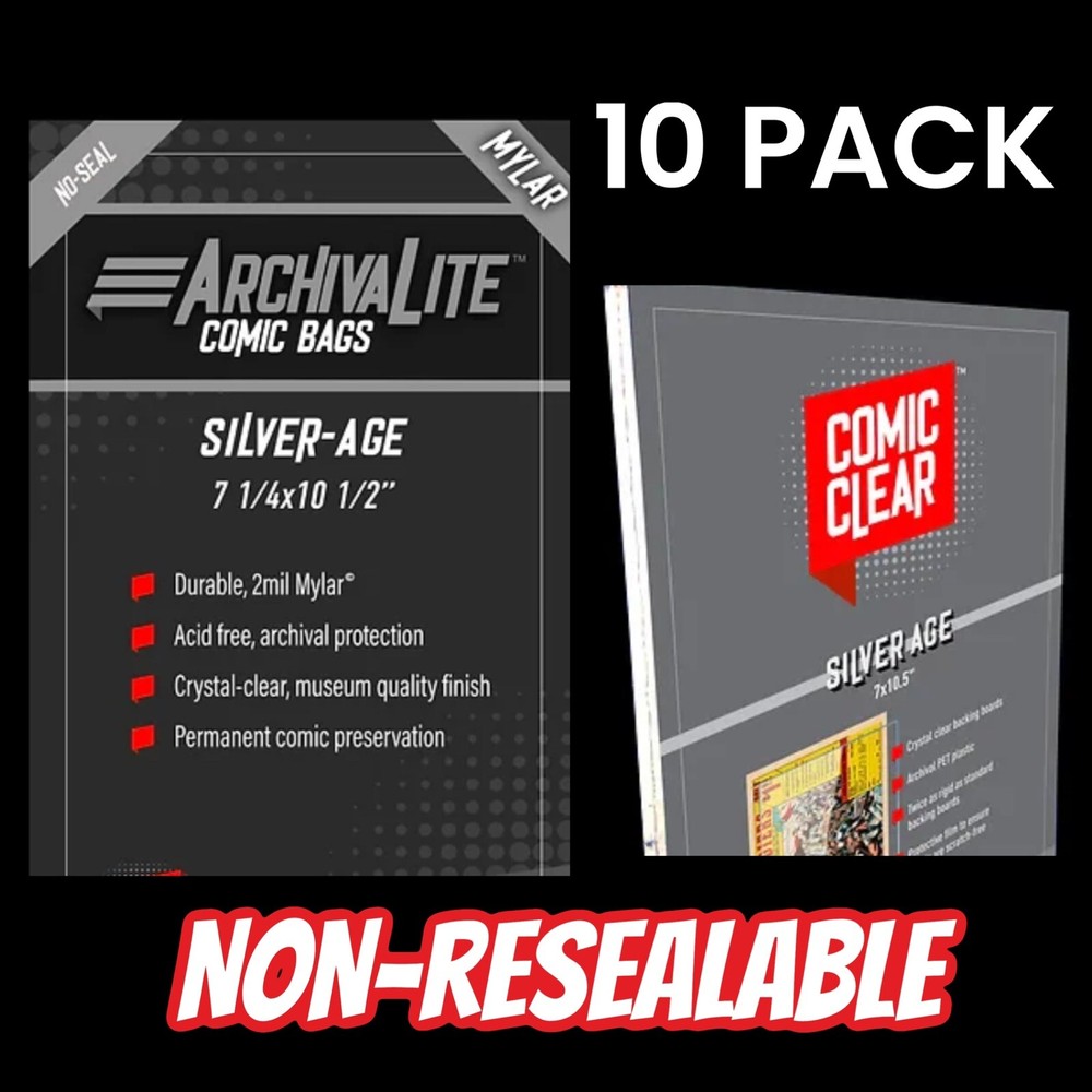 10 Pack Silver Age Non-resealable 2mm Mylar Bags And Crystal Clear Backing Board