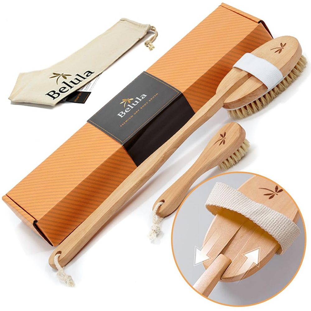 Belula Dry Brushing Body Brush Set - Natural Boar Bristle Body Brush, Exfoliatin