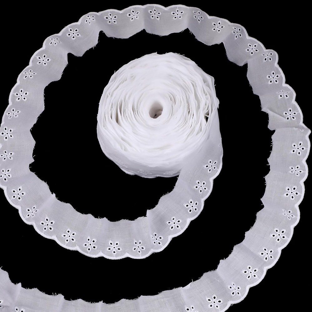 15 Yards White Cotton Eyelet Floral Ruffle Lace Trim for Sewing Dresses & Clothing