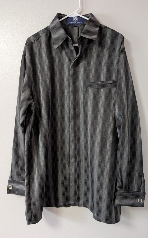 Vittorio St Angelo Black Gray Striped French Cuffs Dress Shirt Large W/Cufflinks