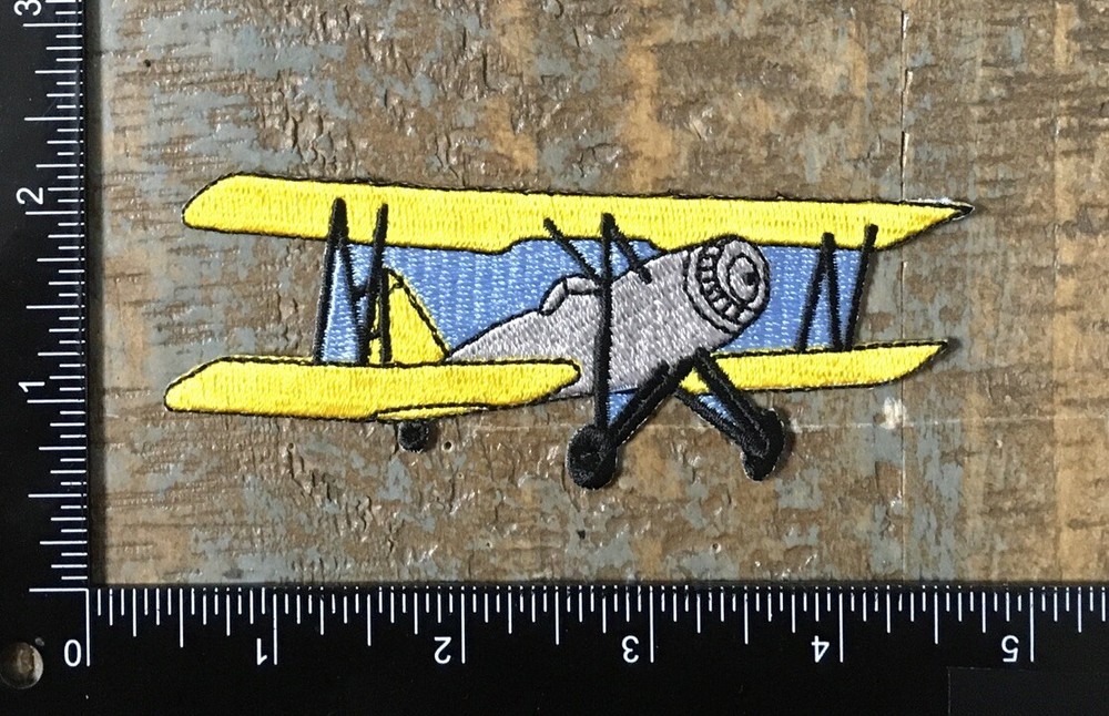 Vintage Airplane Aviation Embroidered Iron-On Patch in Yellow and Blue