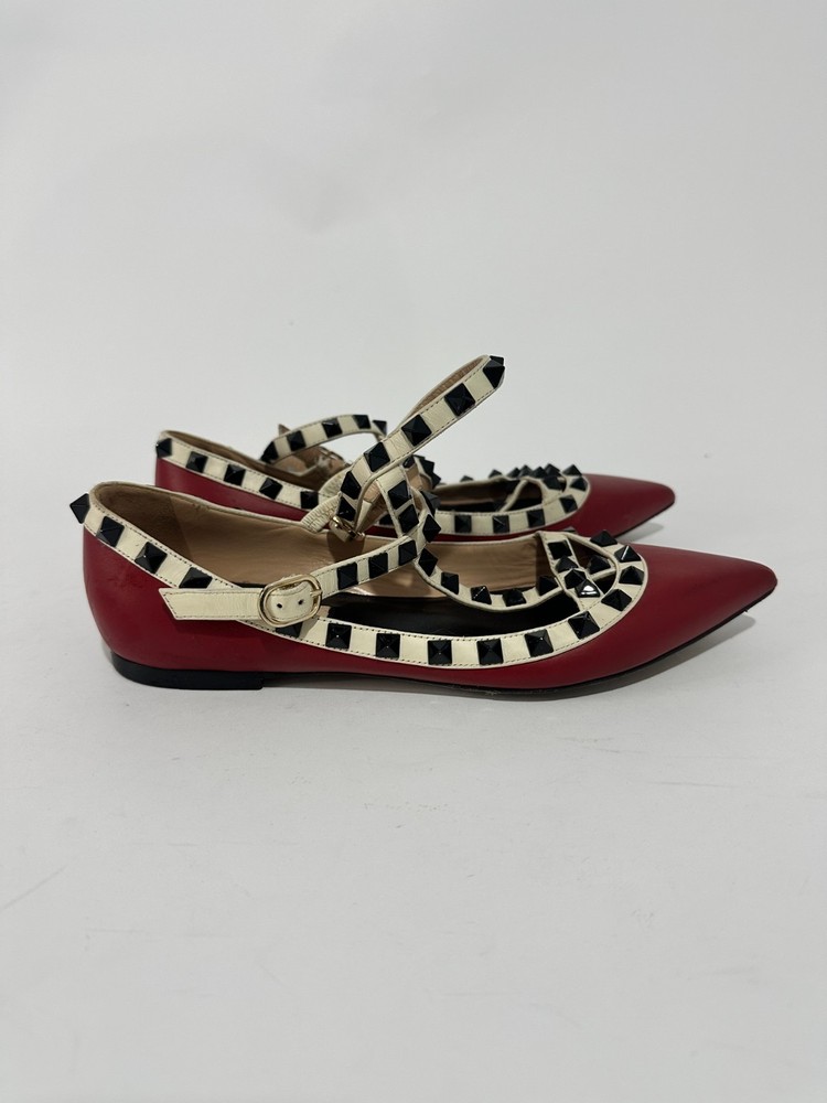 Valentino Rockstud Flats Red Leather  Pointed Toe Ballet Flats Size 35.5 EU