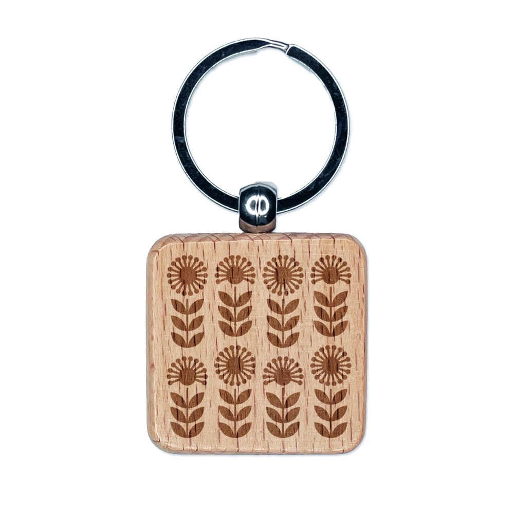 Scandinavian Sunflower Engraved Wooden Square Keychain Charm  