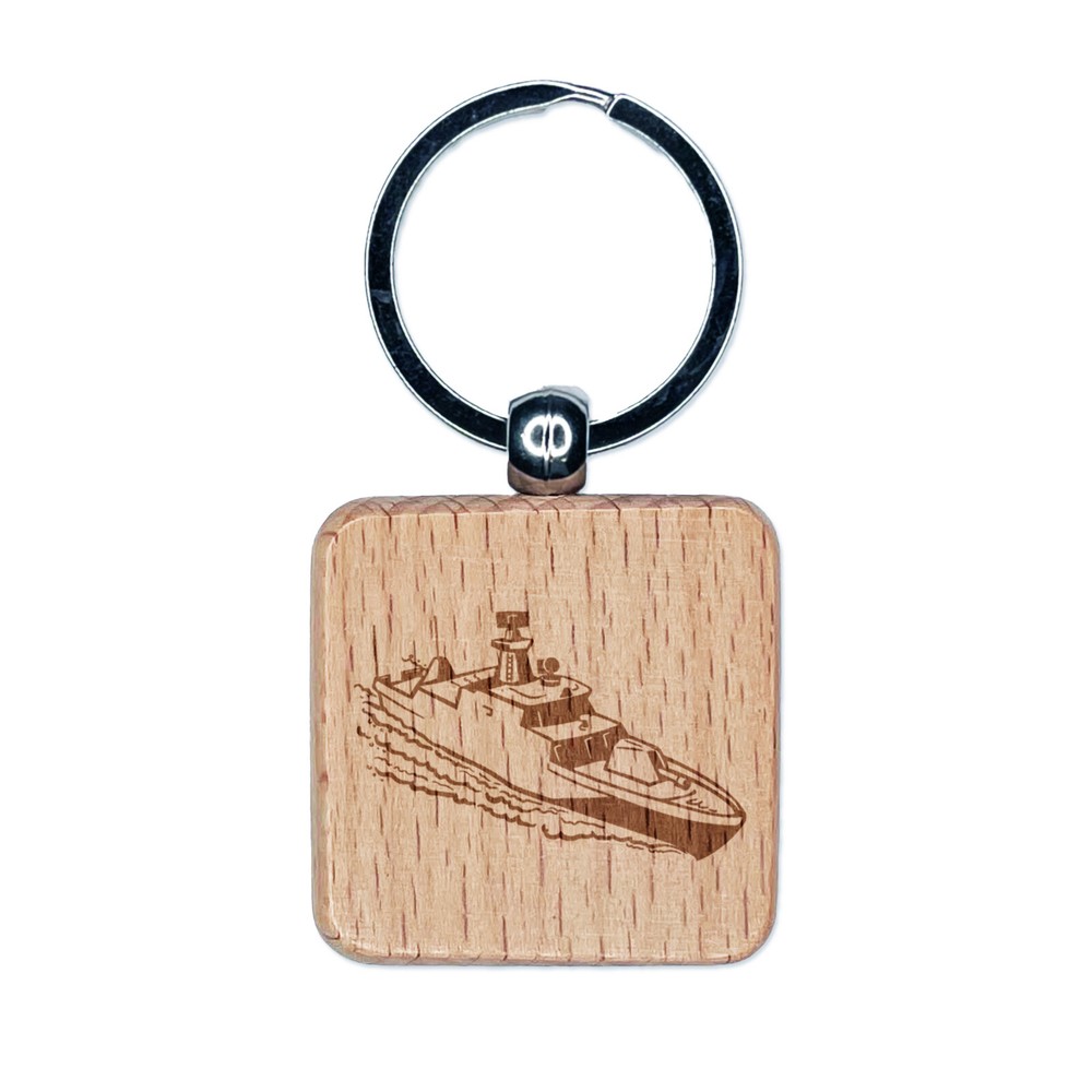 Naval Military Destroyer Battleship Engraved Wood Square Keychain Tag Charm