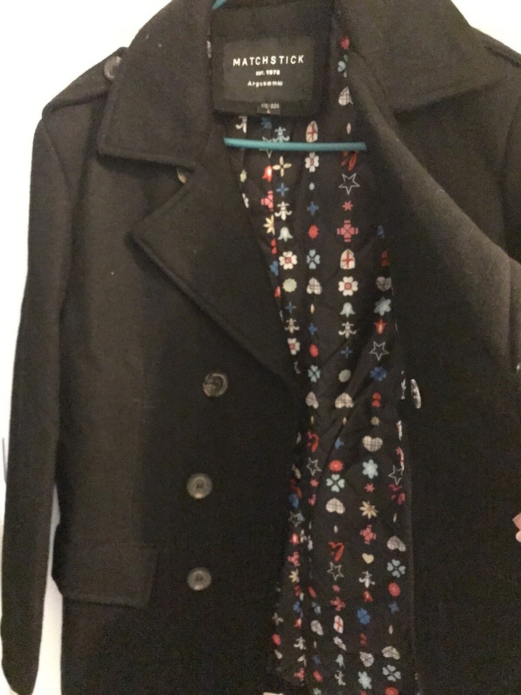 Men's Black Wool Matchstick Peacoat with Colorful Quilted Lining - No Tags