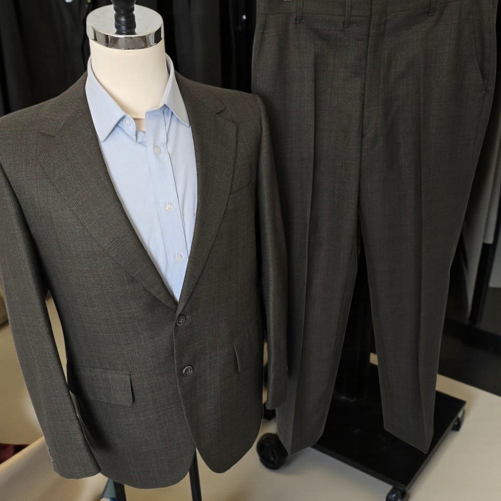 Vintage 1960s Bespoke Suit 42r 36x29 Green Wool Windowpane Custom Tailored