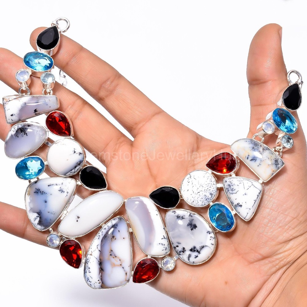 Christmas Sale Sterling Silver Dendrite Opal Stone Spinel Chain Necklace Jewelry-image