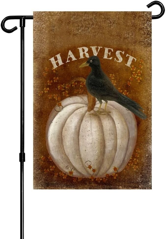 Harvest White Pumpkin Crow  Double-Sided Garden Flag 12x18 Outdoor Welcome Flag