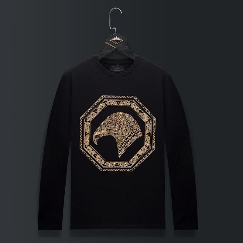 Fashion Eagle Trend Rhinestone Long Sleeve Luxury  Men T-Shirt Plus Size 6XL