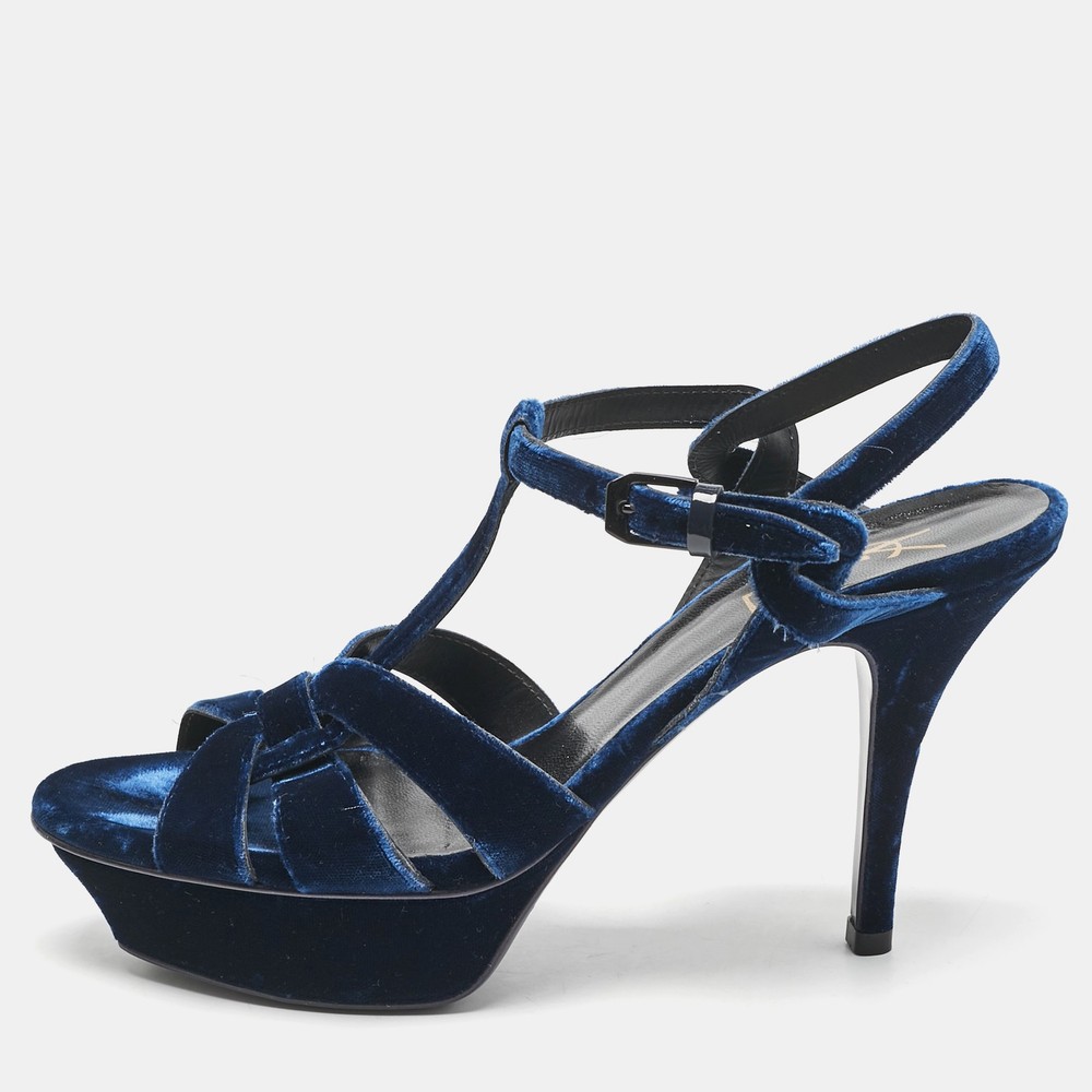 Saint Laurent Blue Velvet Tribute Ankle Strap Sandals EU 38.5