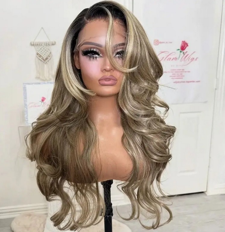 Ombre Brown Blonde Wave Wig Highlight 100% Human Hair Wig 13x4 Lace Front Wig
