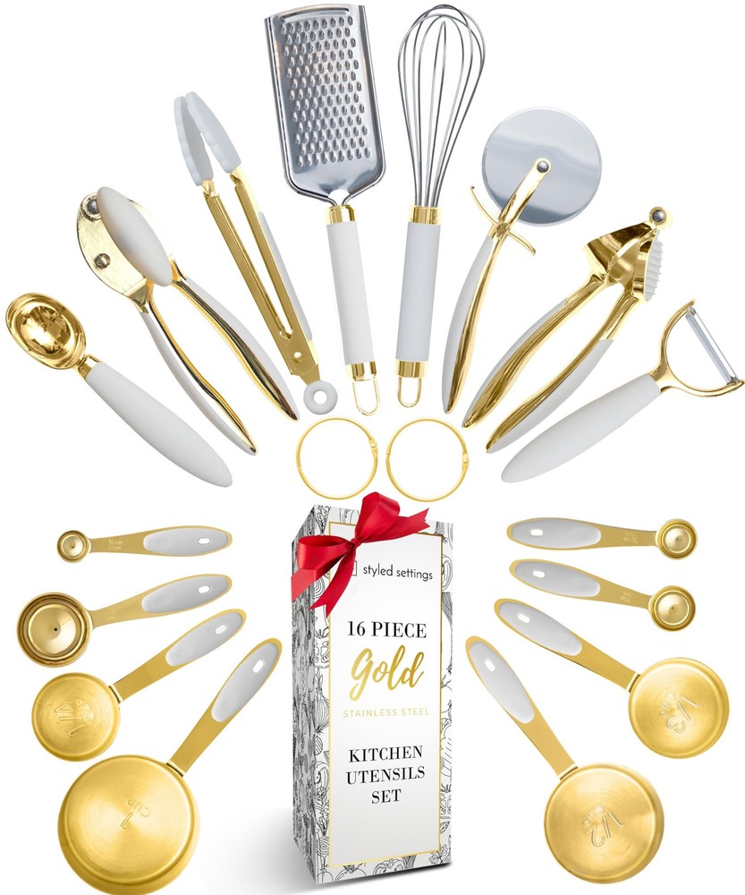 White and Gold Kitchen Utensils Set – 16-Piece Silicone Cooking Utensils with...