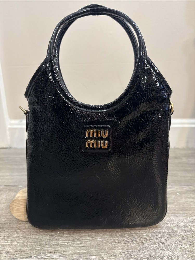 Miu Miu Black Patent Leather  Tote Handbag Italy  Gold Logo Limited Edition