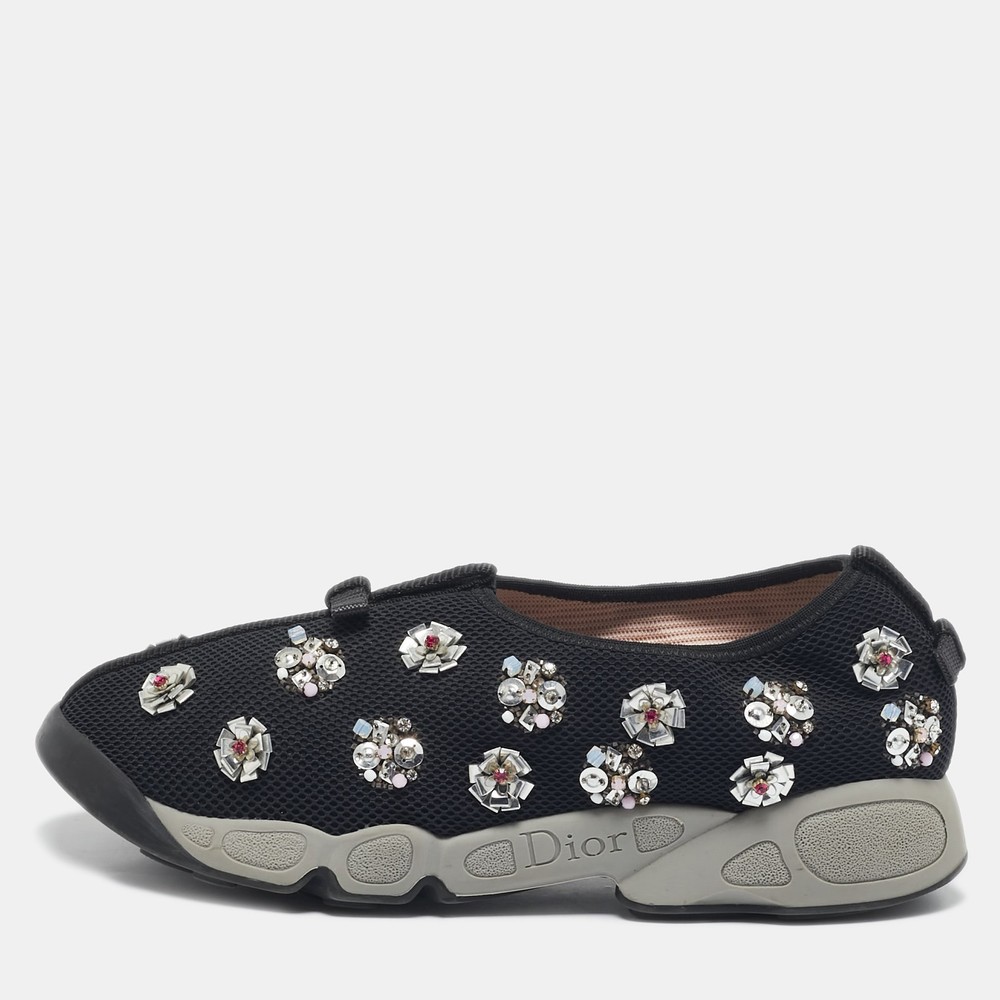 Dior Black Mesh Sneakers with Floral Embellishments Size 39