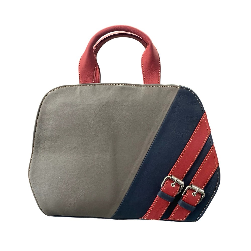 Genuine Gray & Red Cowhide Leather Tote Shoulder Bag Handbag for Women