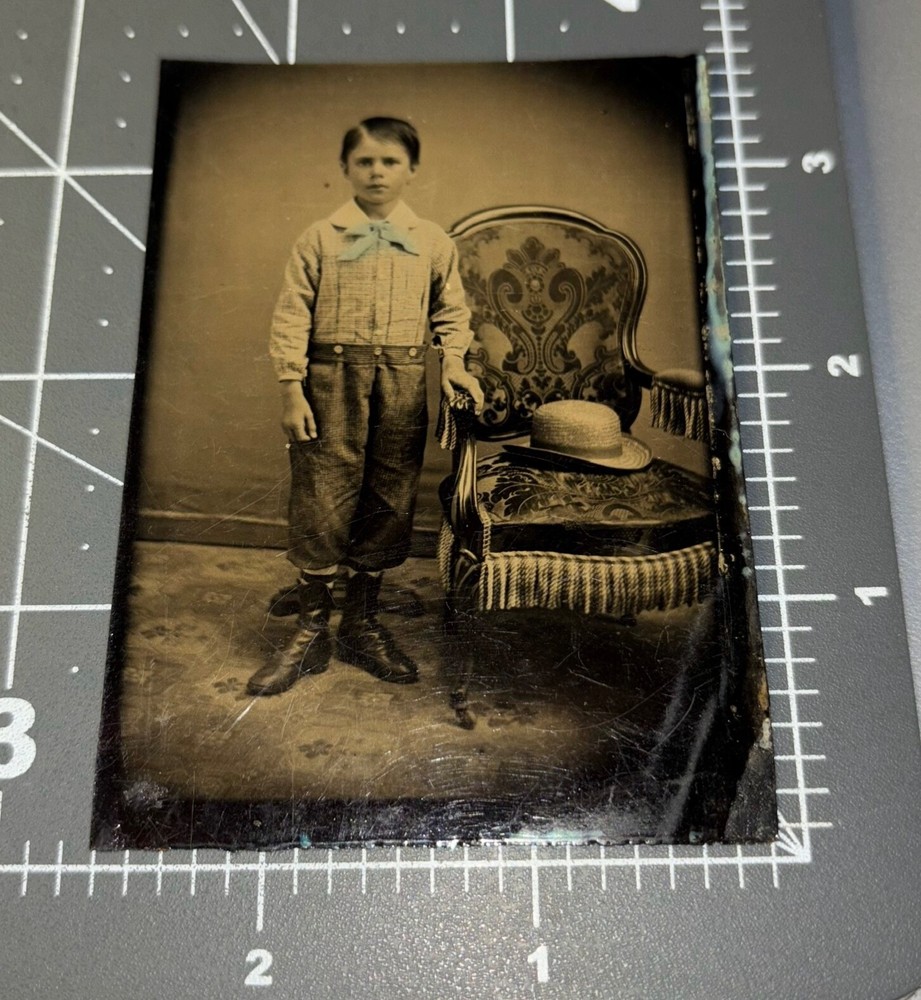 1870s Boy w/ Hat Color Tinted Bow Chair BIG BROTHER Antique Tintype PHOTO #1