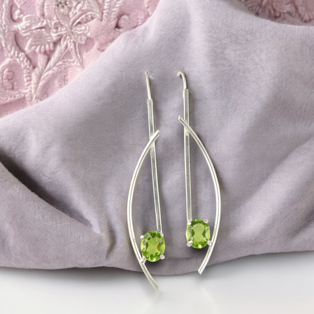 Natural Peridot Gemstone 925 Silver Minimalist Drop Earrings for Women and Girls