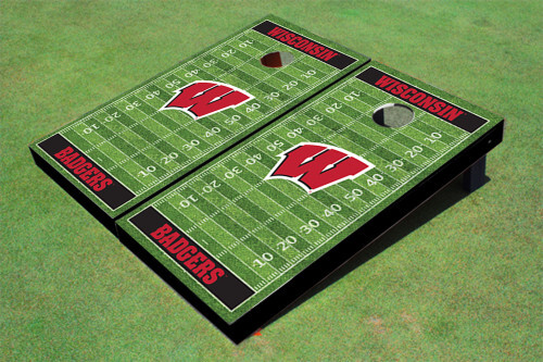 Wisconsin Badgers Themed Custom Cornhole Boards with Black Football Field Design