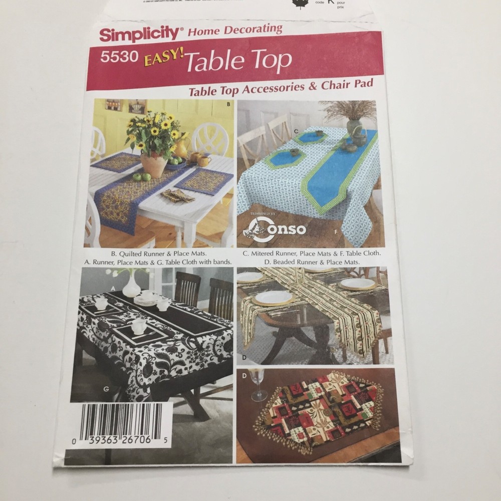 Simplicity 5530 Table Accessories Placemat Tablecloth Uncut Factory Folds