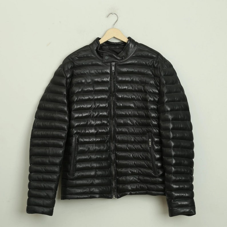 Men Black Genuine Lambskin leather puffer Quilted jacket
