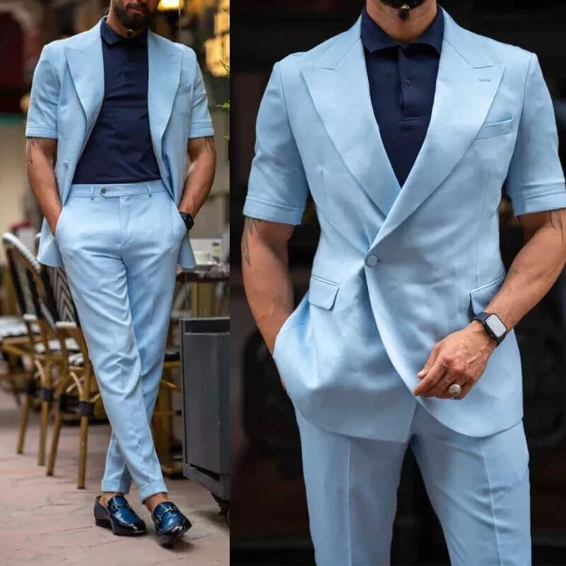 Solid Blue Color Short Sleeves Suits for Men's Casual Party Business Jacket Pant