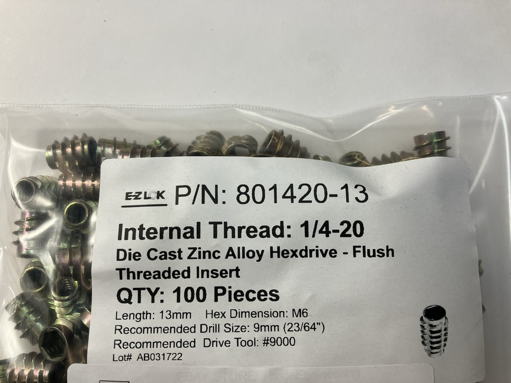 EZ-LOK 1/4-20 Die Cast Zinc Alloy Hex-Drive Threaded Inserts for Wood 100 Pieces