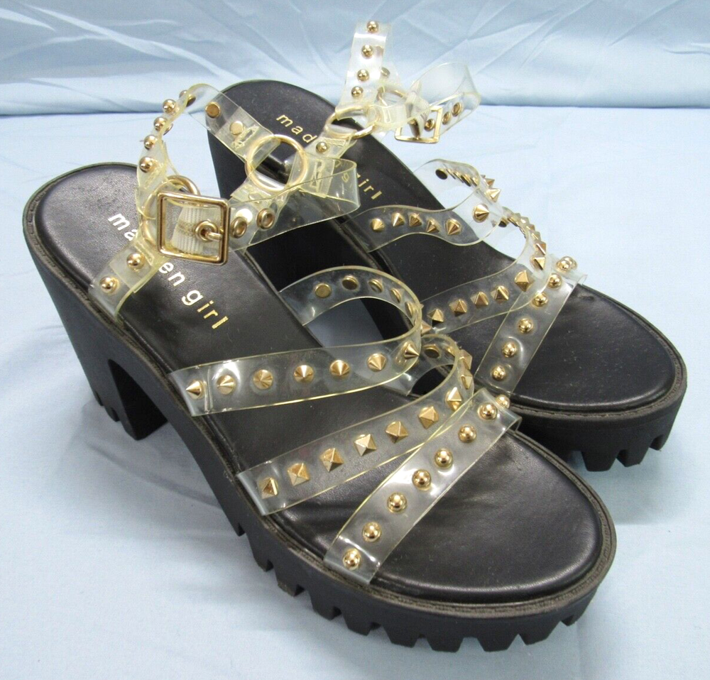 MADDEN GIRL Sassie Chunky Lug Sole Platform Sandals with Clear Studded Straps Size 6.5M