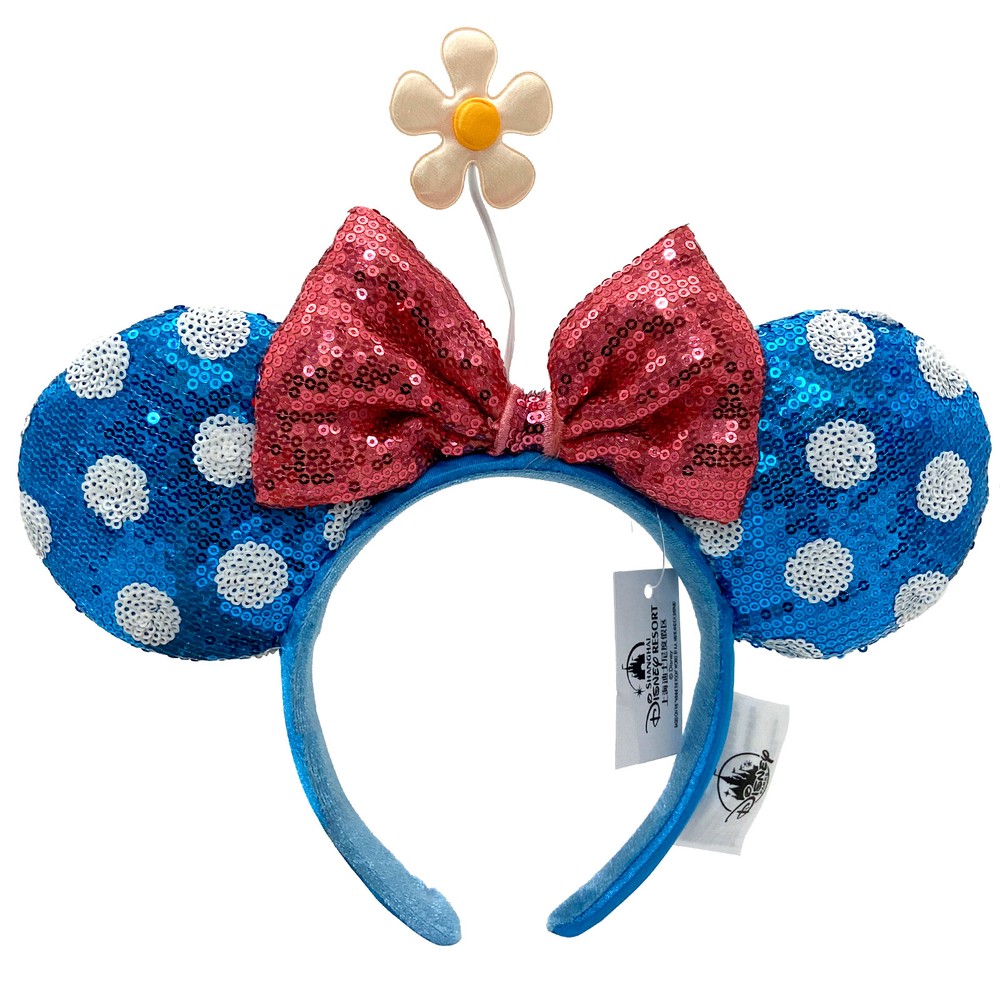 Disney Parks Teal Polka Dot Sequin Minnie Ears Headband with Flower Accent