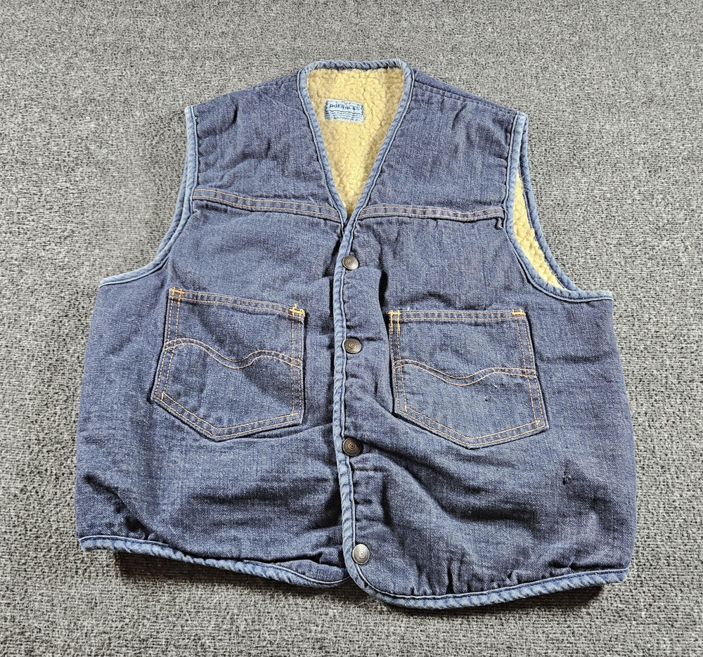 Vintage Roebucks Vest Mens Small Blue Denim Sherpa Lined Western 60s Workwear