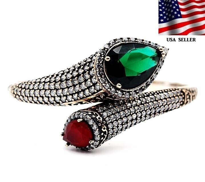 Ottoman Empire Inspired 9CT Treated Emerald Ruby 925 Sterling Silver Bracelet  