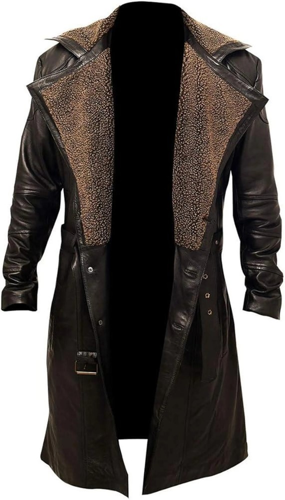 Gabardina de cuero real negra envejecida para hombre cuello de piel estilo bane abrigo largo