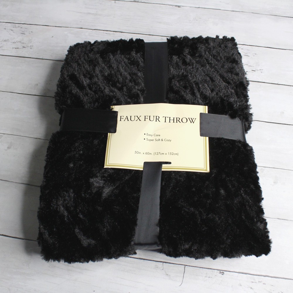 Interiors by Design Black Faux Fur Plush Throw Blanket 50