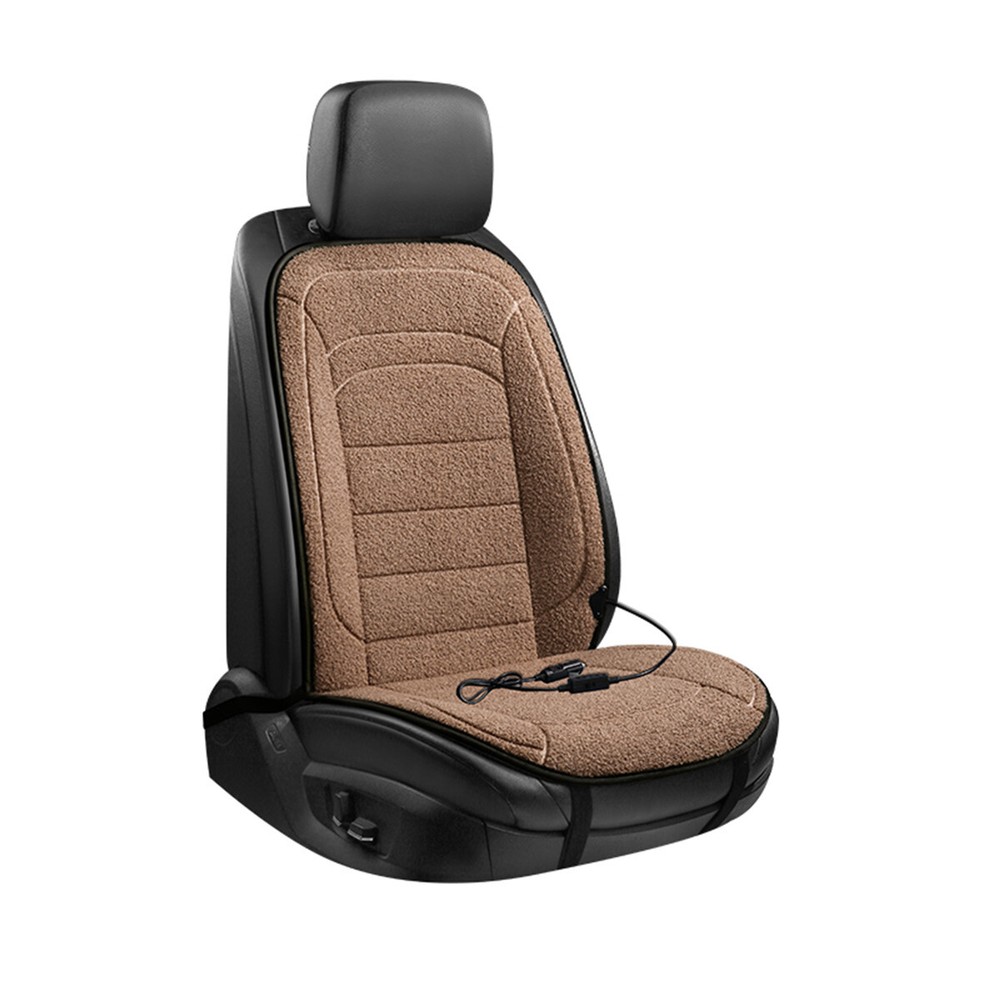 Lamb Wool Heated Car Seat Cover for Winter Warmth in Brown  